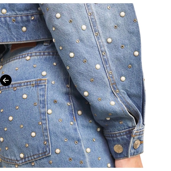 NWT Sandro Embellished Denim Jacket Pearl Crystal Studded Blue Cropped Sz 4 - Picture 4 of 14